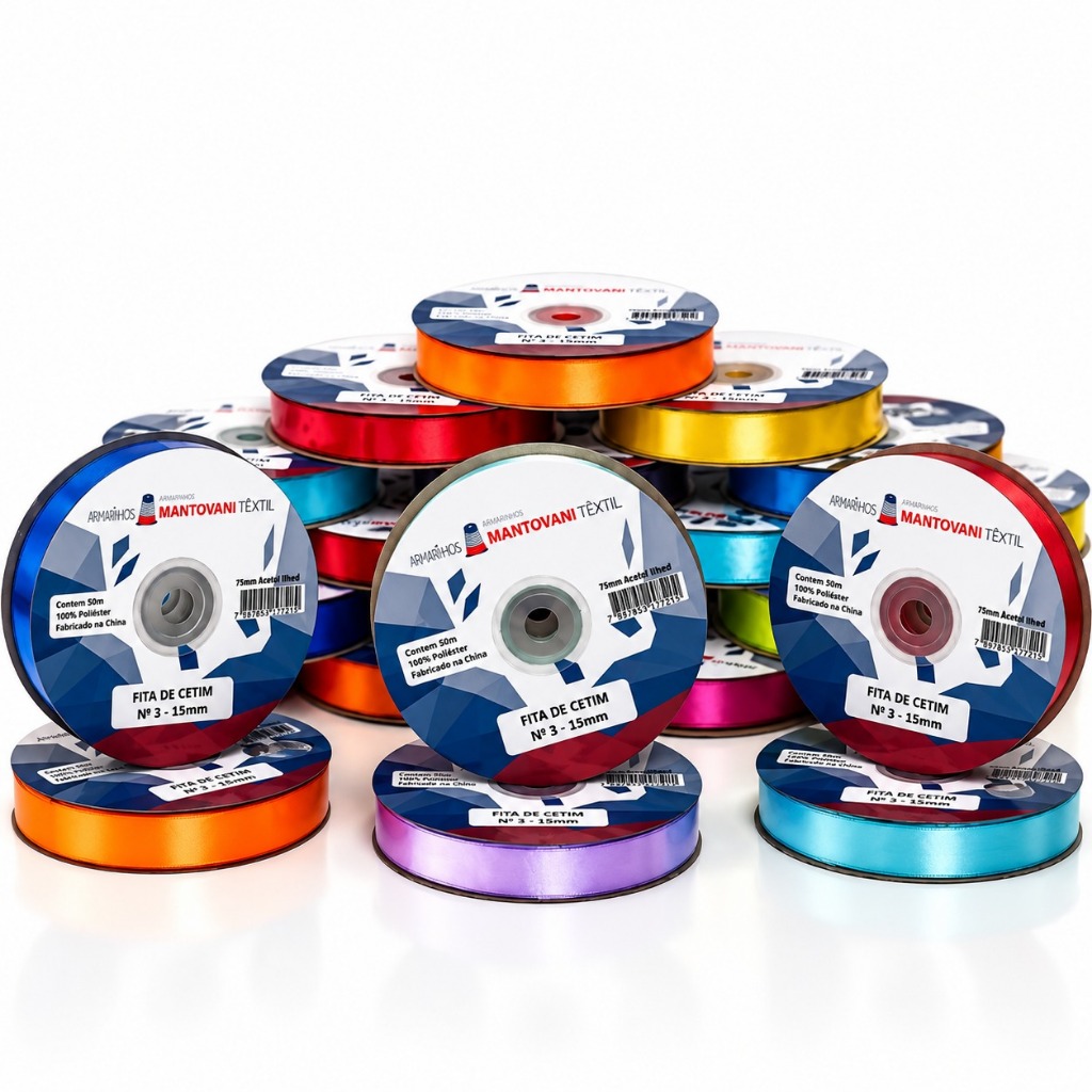 Fita de Cetim 15mm N3 Rolo 50m - 100% Poliéster Para Laços, Artesanato, Presentes e Decoração - Cores Diversas