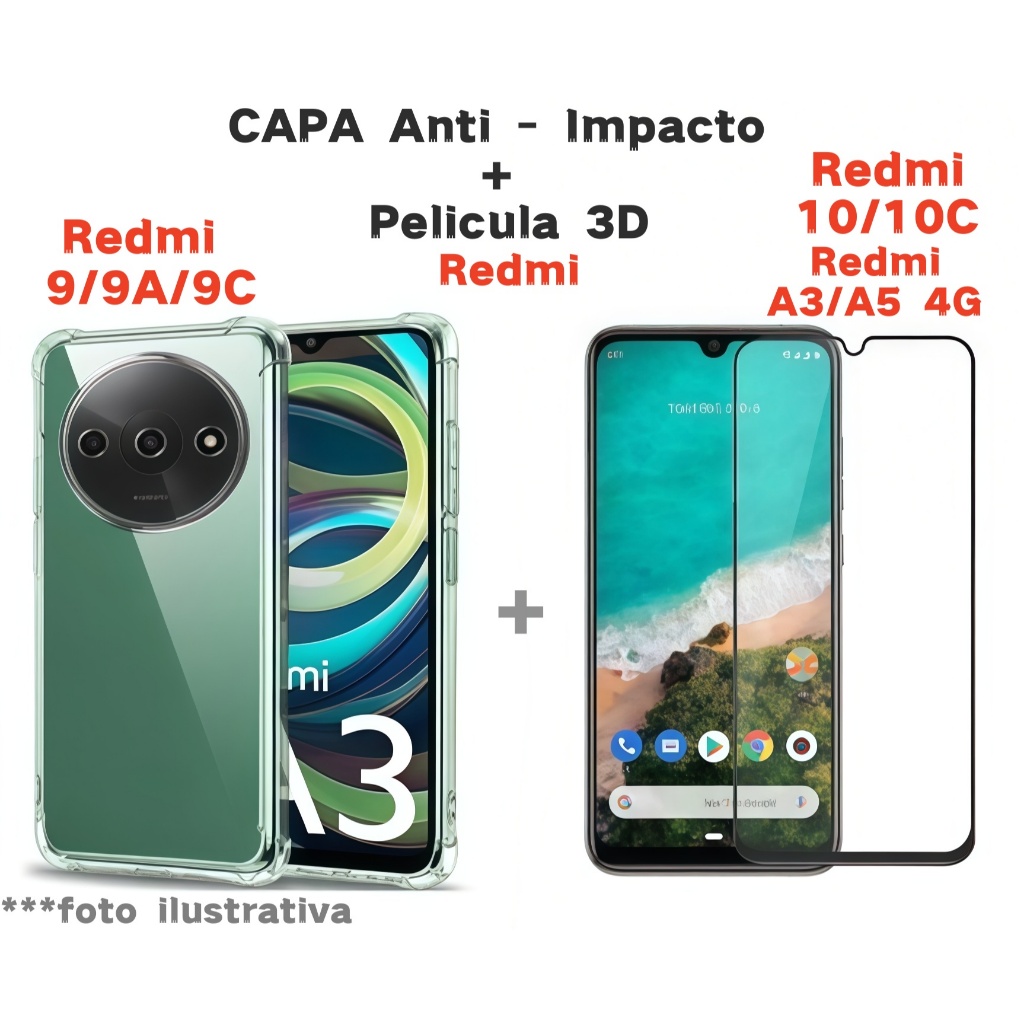 Kit Capa Transparente + Película de Vidro 3D Compatível Com Redmi 9/9A/9C/10C/12C/A1/A3/A5/14C/15C