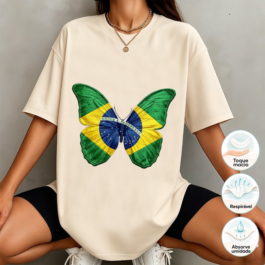 Camiseta Oversized Feminina Borboleta Bandeira do Brasil Efeito Bordado 100% Algodão, Camisa Confortável e Respirável