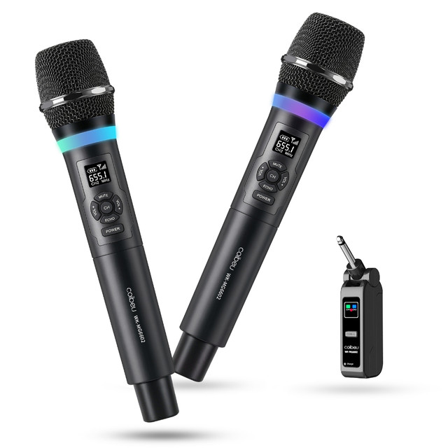 COIBEU Microfones Dinâmico Sem Fio Duplo Profissional Recarregável Uhf Recarregável ‌com Efeito RGB‌