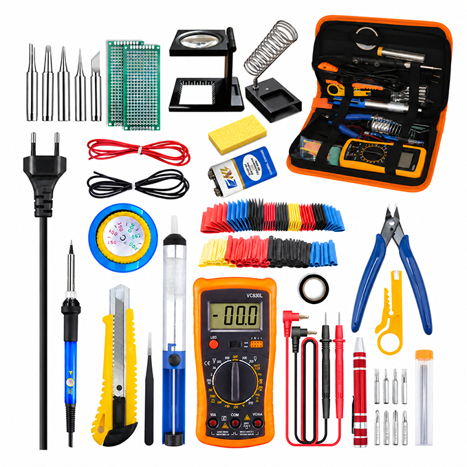 Kit Ferramentas Eletro Eletrônica Profissional：Solda Ferro + Solda E Sugador + Multimetro + Lupa 127V/220V