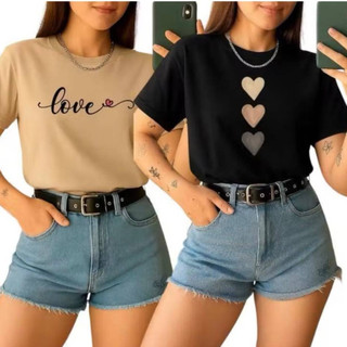Kit 2 Camiseta Básicas Feminina Love Coração 100% Algodão T-shirt Baby look