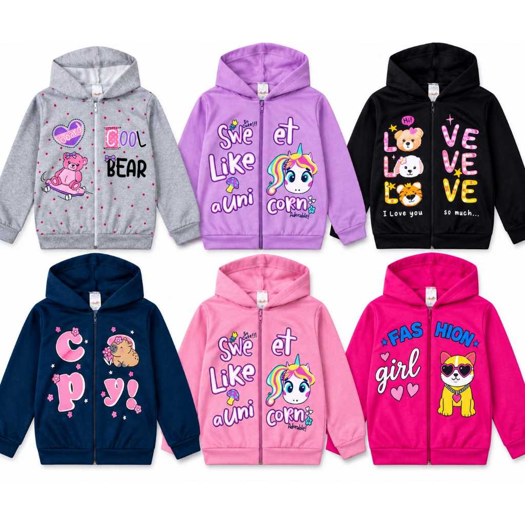 Kit 3 Jaquetas Infantis Femininas Moletom com Capuz Sortidas – Casaco de Frio Menina 4 a 14 Anos