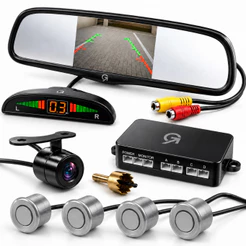 Kit Retrovisor Câmera de Ré Sensor Estacionamento Estacionar Carro Automotivo Prata Cinza 18mm