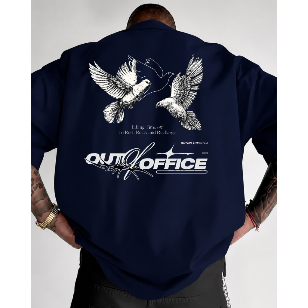 Camisa camiseta masculina 100% algodão estampada frente costa OUT OFFICE moda masculina Verão