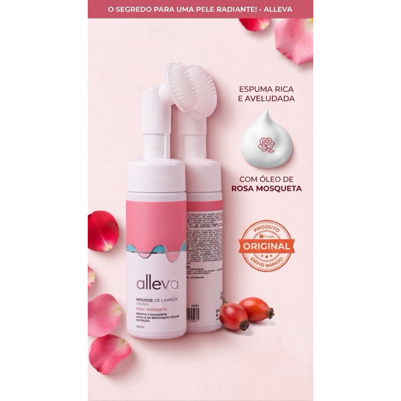 Mousse de Limpeza Facial 3 em 1 Rosa Mosqueta Alleva com Escova Massageadora 150ml | sabonete facial