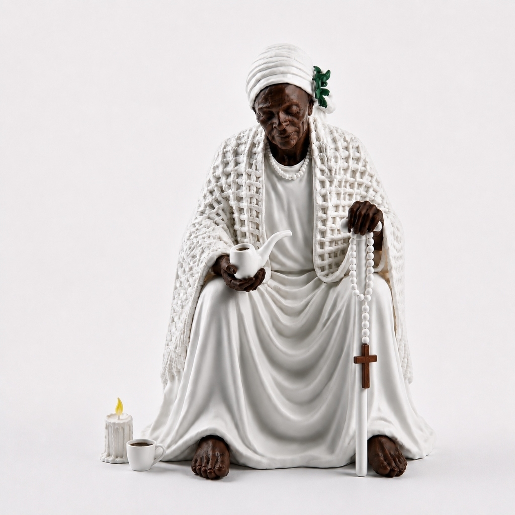 Estátua Preta Velha Vovó Catarina com Terço, Bengala, Cachimbo, Vela e Café | Realista | Pintada à Mão