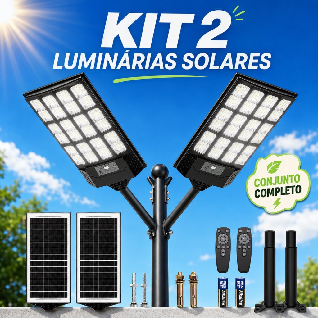 Kit 2 Luminária Solar Potente 2200/1600W Refletor Solar Com Placa Solar