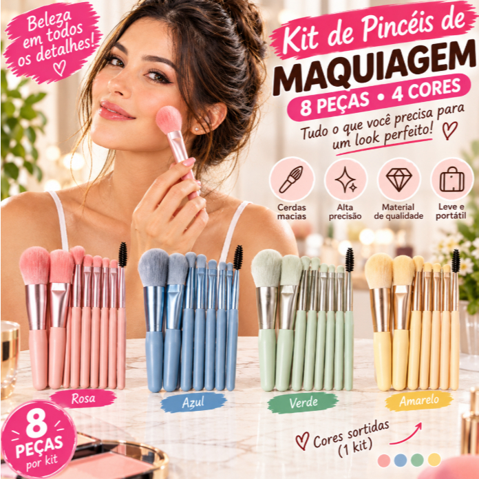 Kit 8 Pincéis Maquiagem Cores Sortidas Rosa Azul Verde Amare