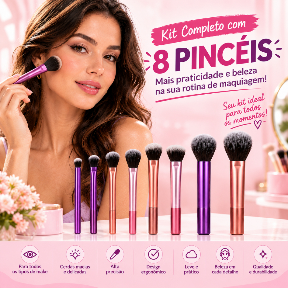 Kit com 8 pincéis de maquiagem pelos macios boa captura de p