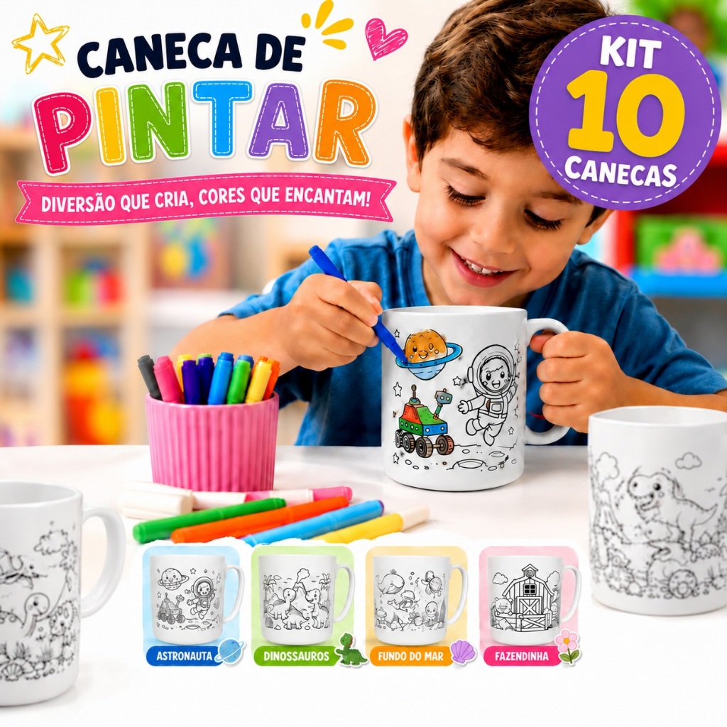 Caneca de Colorir 10un Várias Estampas Lembrancinha Aniversário Crianças Infantil Educativo Escolar