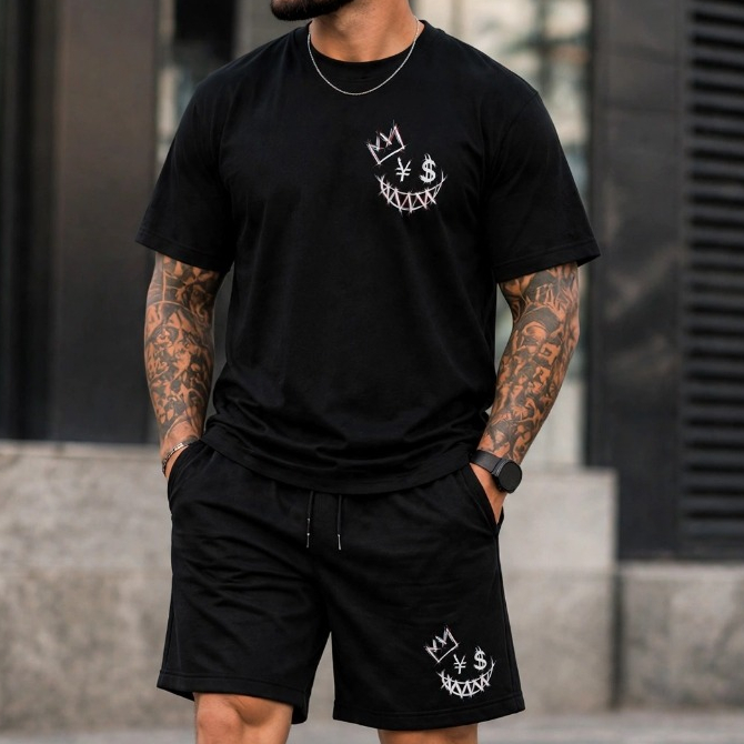 Conjunto Masculino Camiseta e Bermuda Mauricinho Tactel Estampada Smile Smiley Money Streetwear Casual Confortável