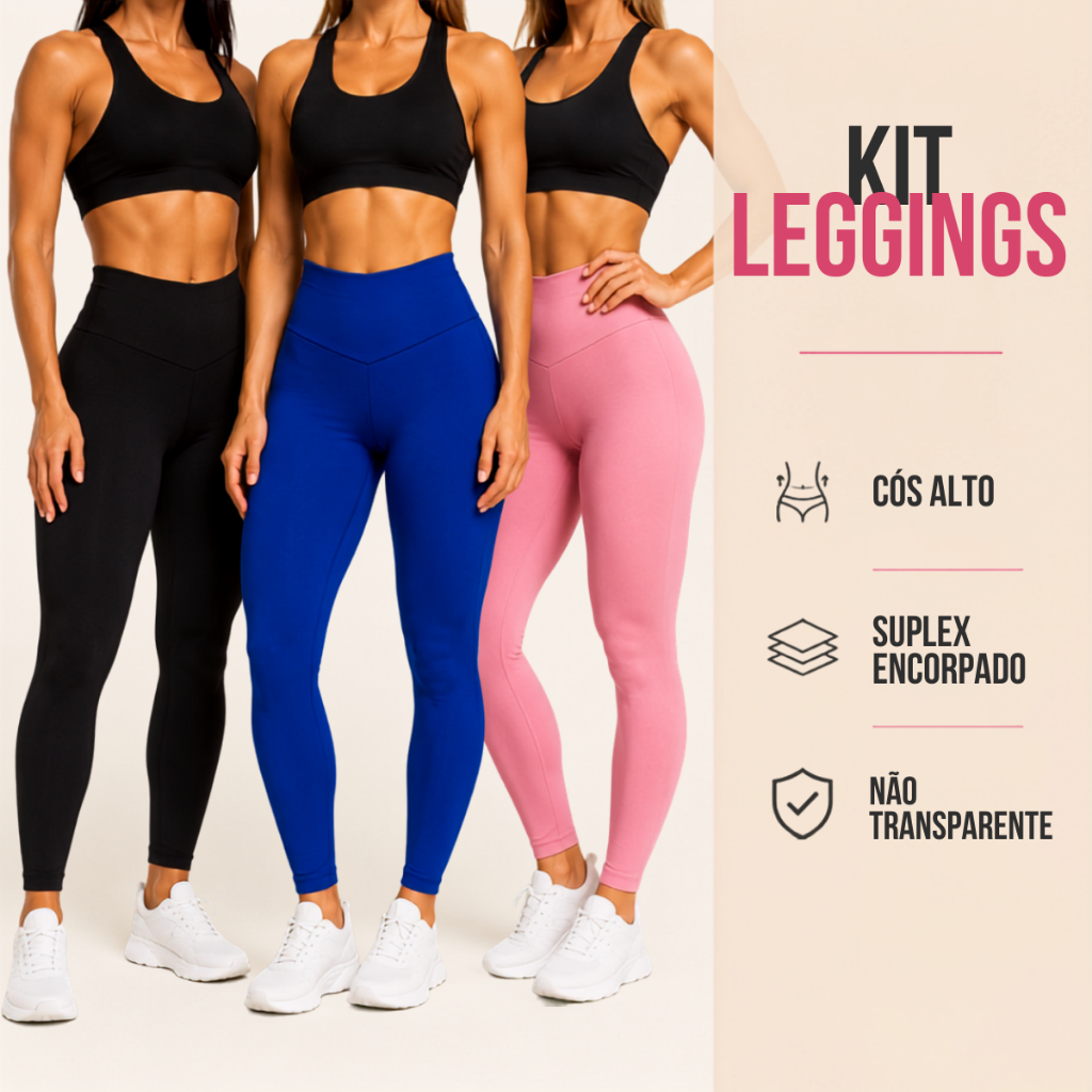 Kit 2/3 Legging Feminina Fitness Cintura Alta Tecido Grosso Academia Modeladora Zero Transparência
