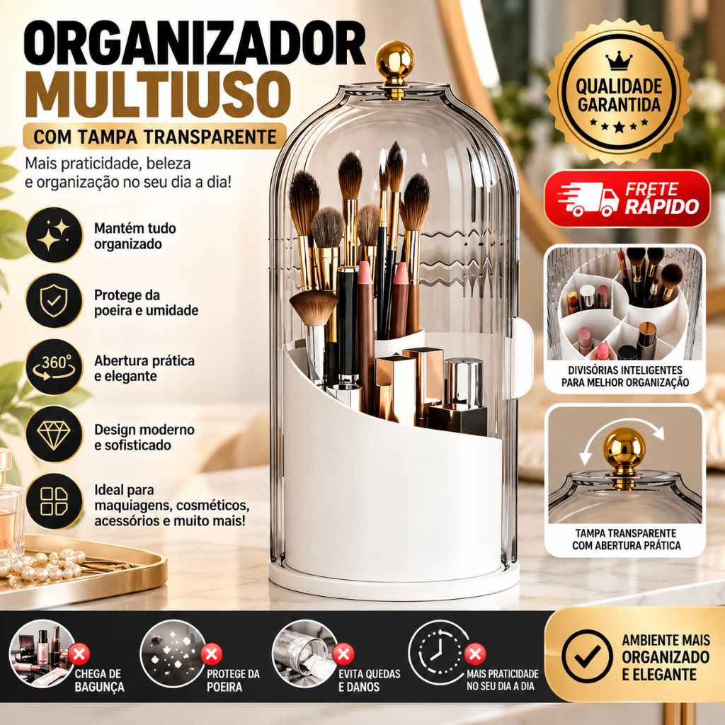 Organizador de Maquiagem Giratório 360° com Tampa Acrílica Porta Pincéis Batons e Cosméticos