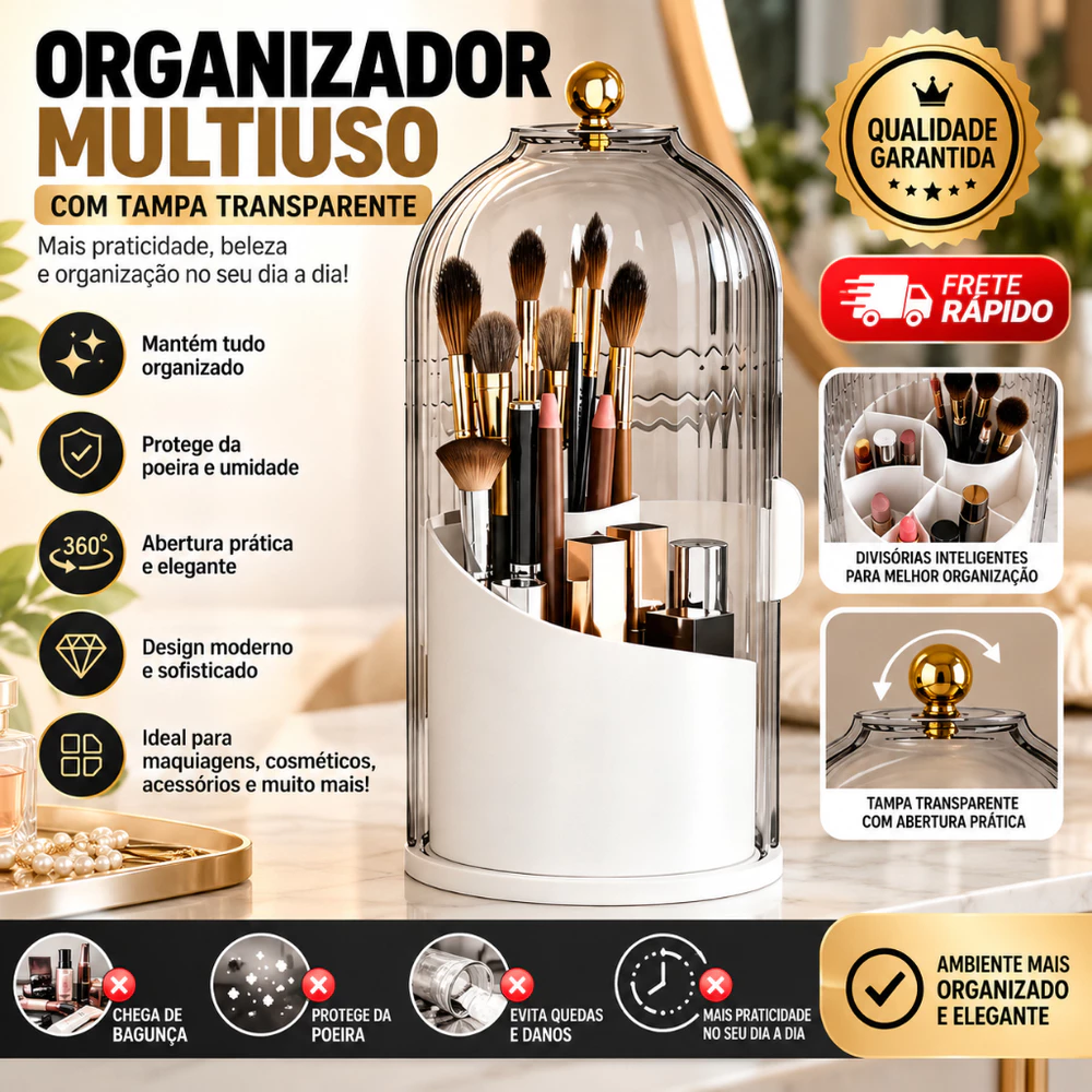Organizador de Maquiagem Giratório 360° com Tampa Acrílica Porta Pincéis Batons e Cosméticos
