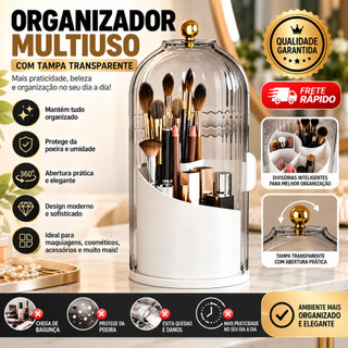 Organizador de Maquiagem Giratório 360° com Tampa Acrílica Porta Pincéis Batons e Cosméticos