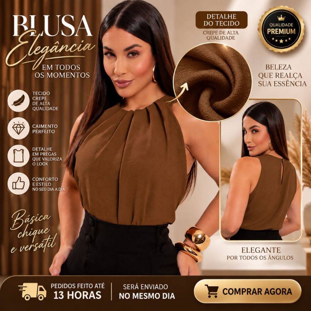 Blusa Feminina Regata Elegante com Pregas Frontais Alça Larga Social Casual