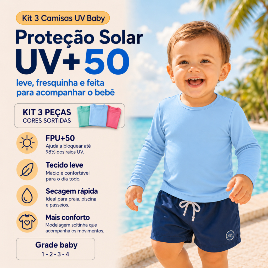 Kit 3 Camisas UV Infantil Menino Menina Verão