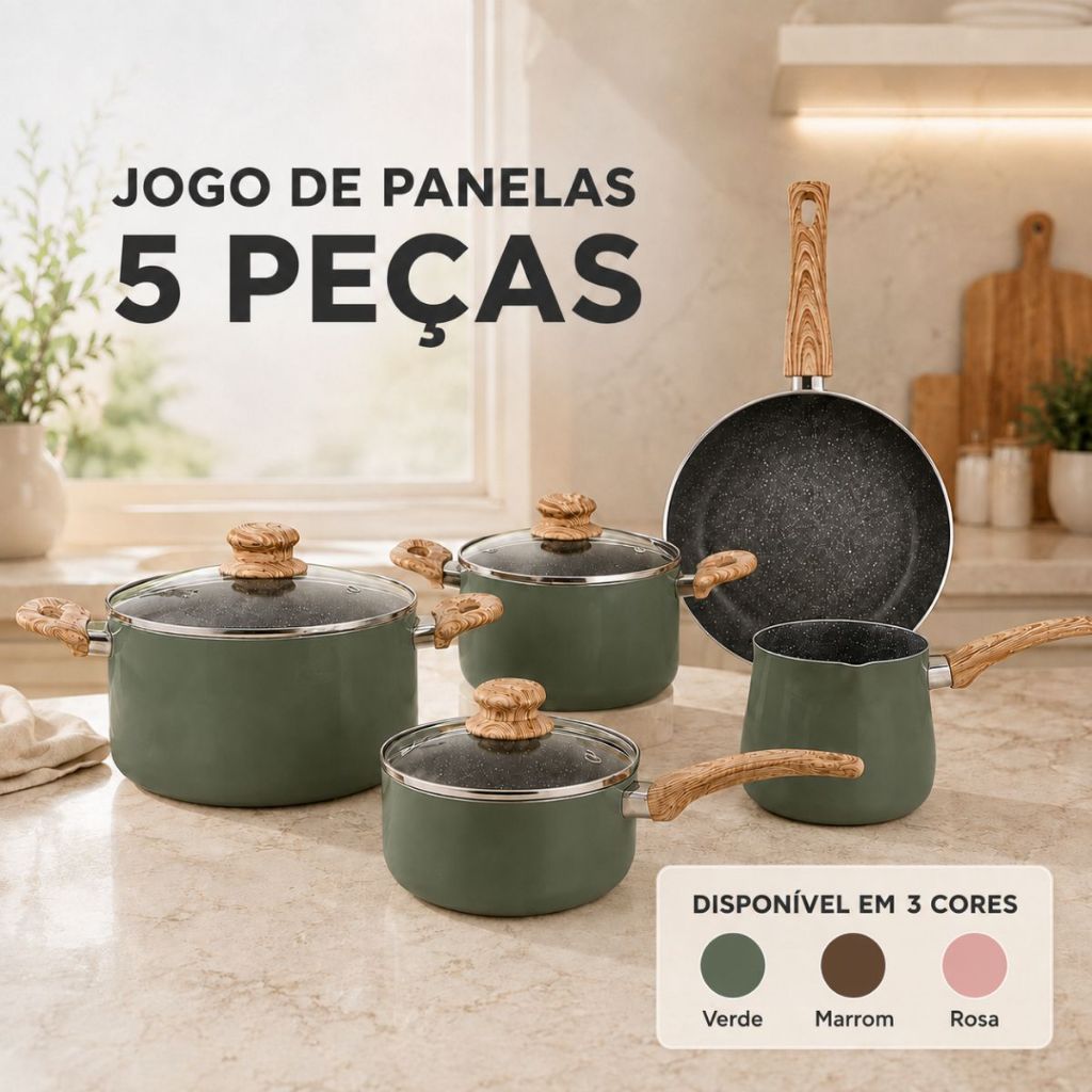 Imagem Jogo De Panelas 5 Peças Antiaderente Cerâmica Caçarolas Tampa Vidro Cabo Kit Cozinha Moderna Luxo