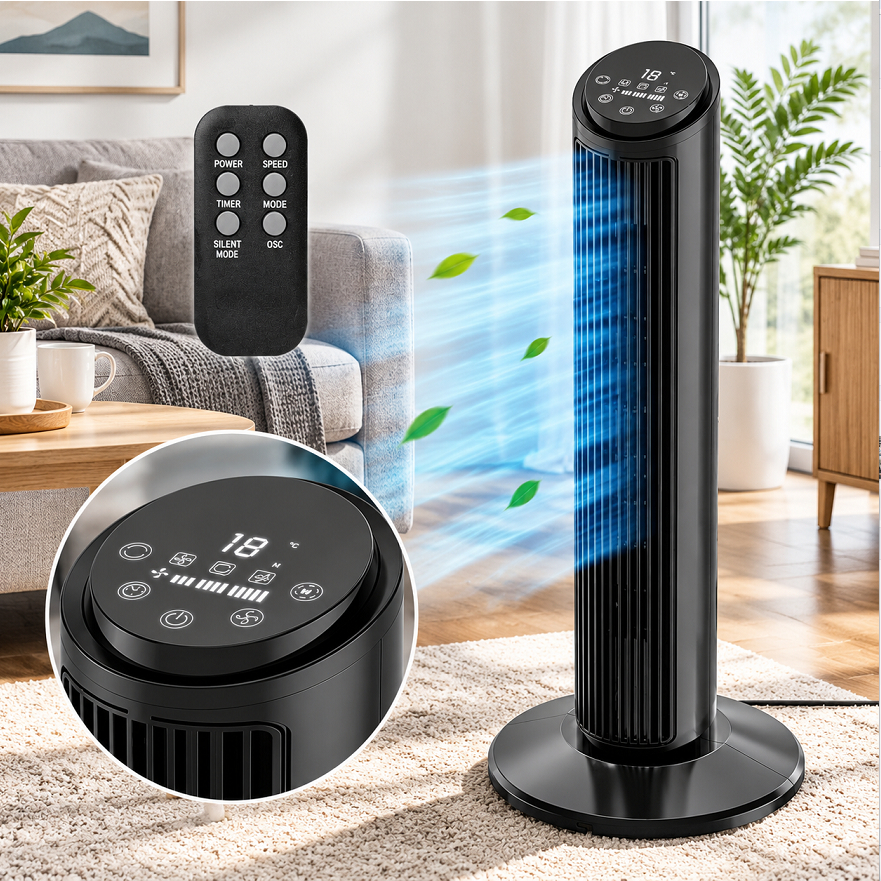 Ventilador de torre silencioso com controle remoto, tela LED, 3 velocidades de vento, 60 Hz, Oscilação de cerca de 70°