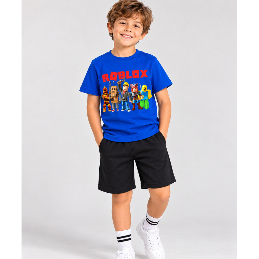 Conjunto Infantil Menino Roblox Camiseta 100% Algodão Bermuda Moletinho Roupa Infantil 2 ao 14