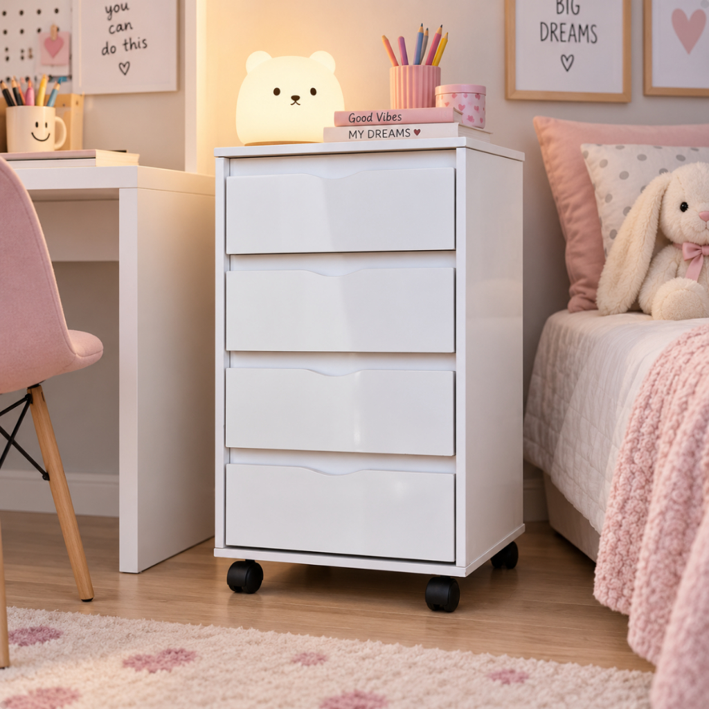 Gaveteiro Branco 4 Gavetas com Rodízios em MDF Multiuso para Quarto Escritório Home Office Organizador Compacto
