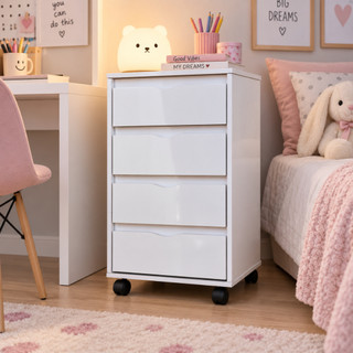 Gaveteiro Branco 4 Gavetas com Rodízios em MDF Multiuso para Quarto Escritório Home Office Organizador Compacto