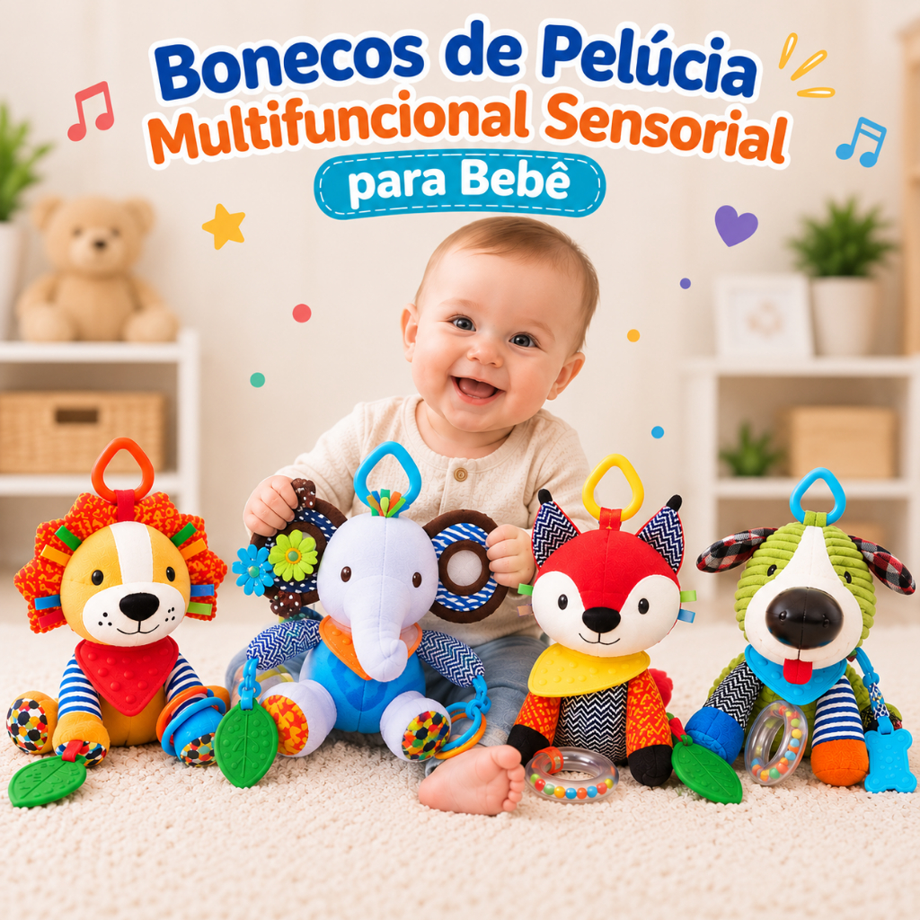 Boneco de Pelúcia Multifuncional Mobile Sensorial para Bebê - Mordedor Macio, Chocalho, Argola, Sino