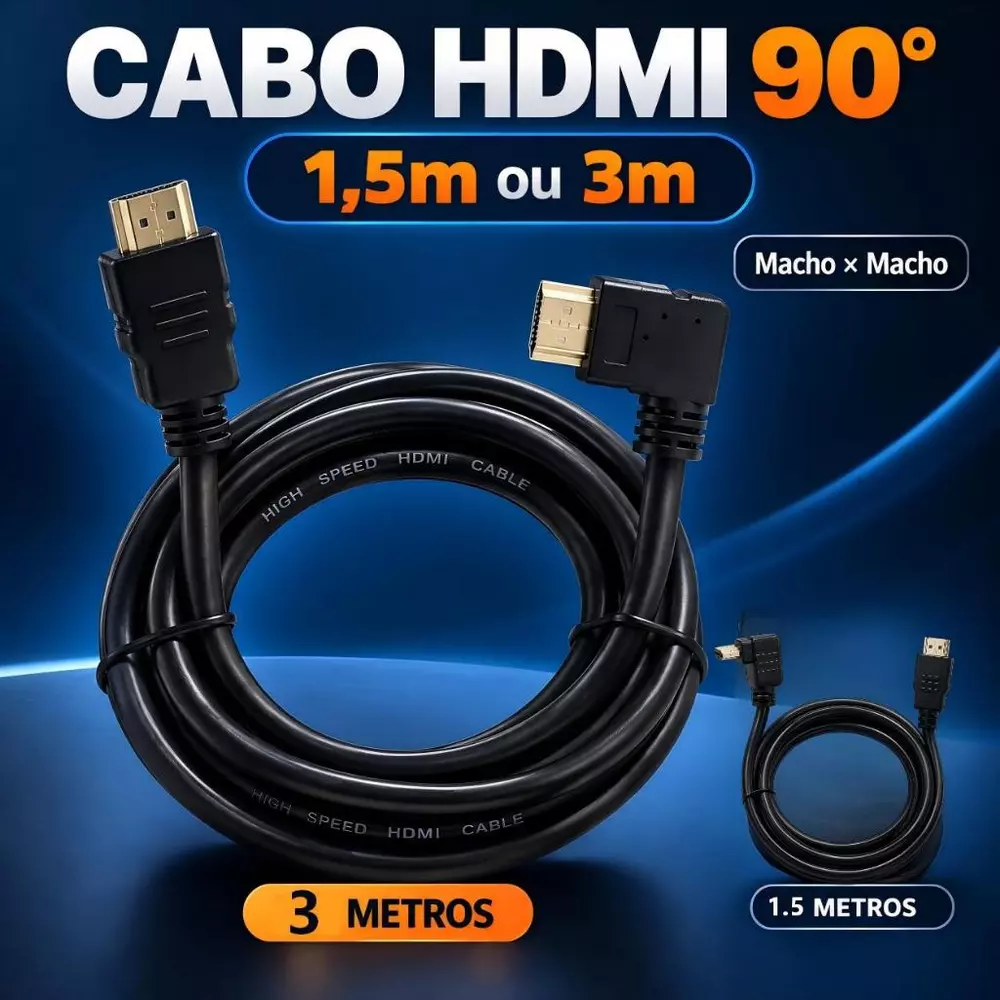 Cabo HDMI 90 Graus Macho Macho 1,5m ou 3m Ponta Angular para TV Monitor PC