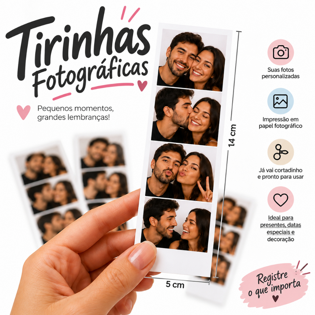Foto Retrô Personalizado 5x14cm com 4 Fotos - Tirinhas de Fotos Estilo Cabine Fotográfica