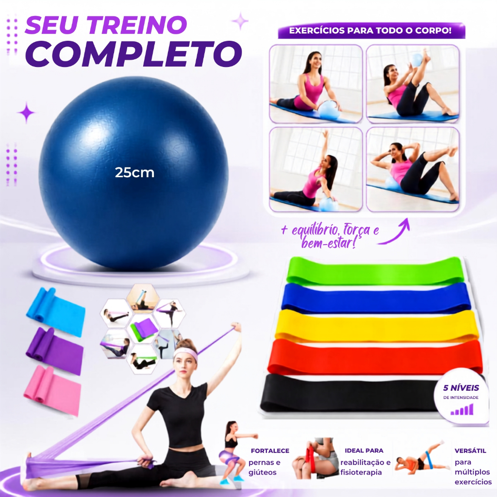 kit treino funcional fisioterapia faixas elásticas e bola de Pilates 25cm