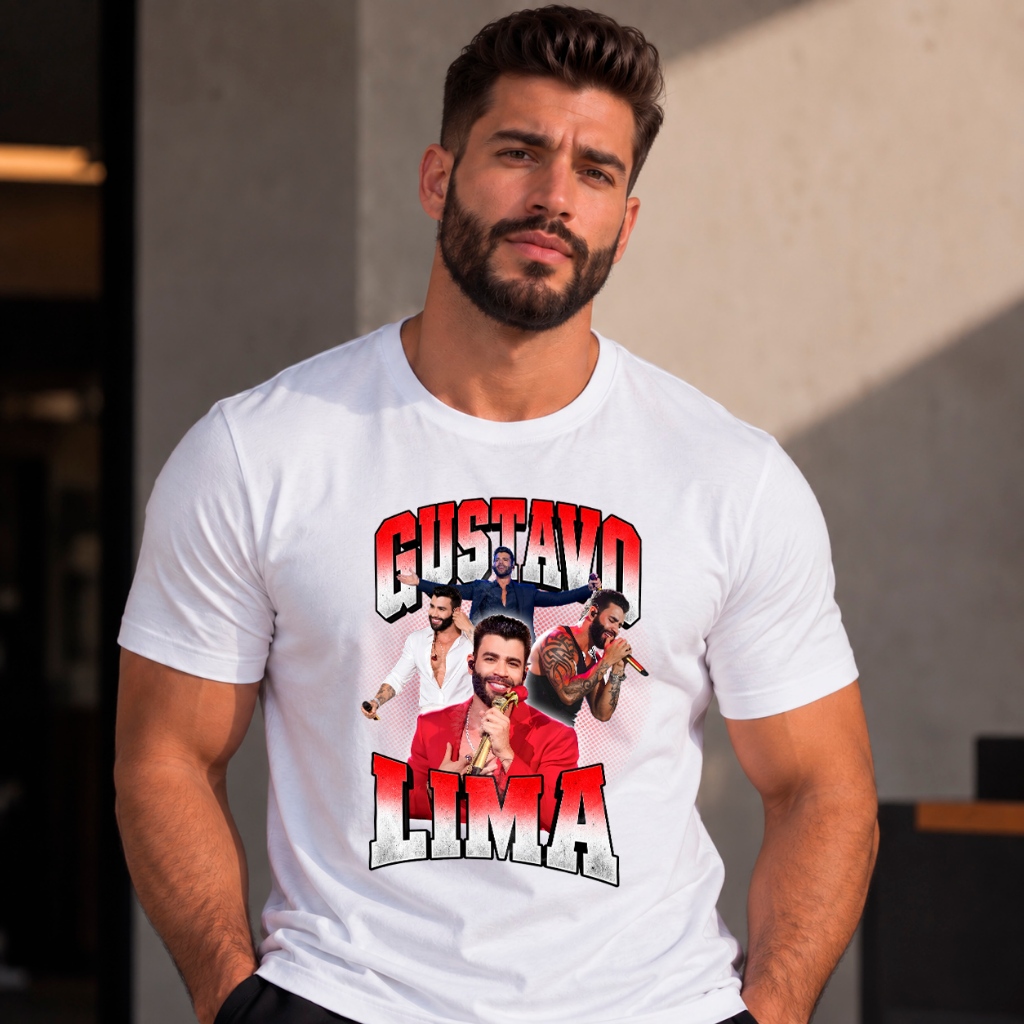 Camiseta Masculina Sertaneja Gustavo Lima Cantor Country Rodeio Festa Show Música Estampada Presente Fã