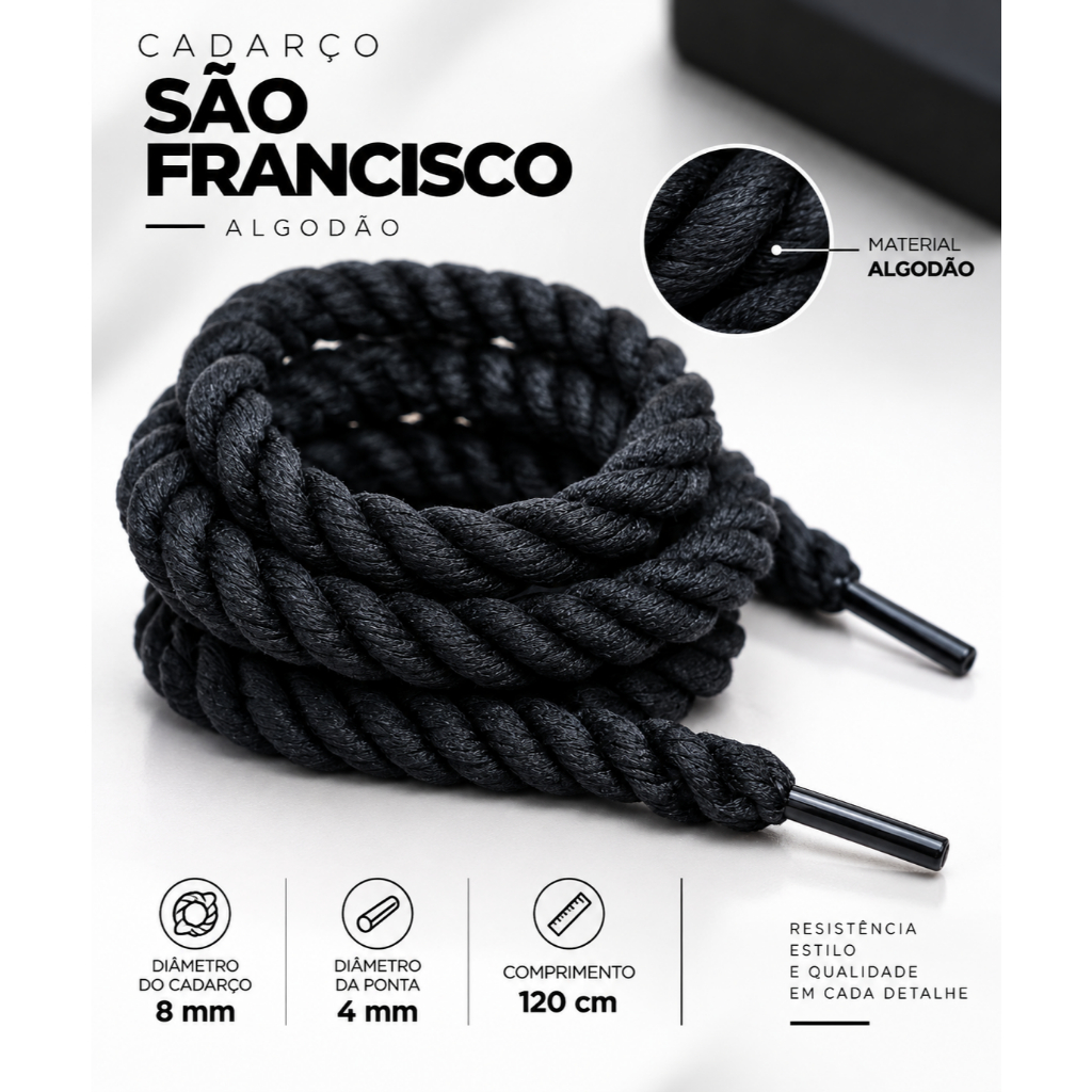 Cadarço Corda Grosso 120cm Algodão 8mm Resistente Tênis Casual Skate