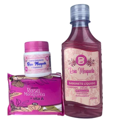 Kit Rosa Mosqueta Clareador com Creme Hidratante, Sabonete em Barra e Sabonete Líquido 3 Un. Baruc
