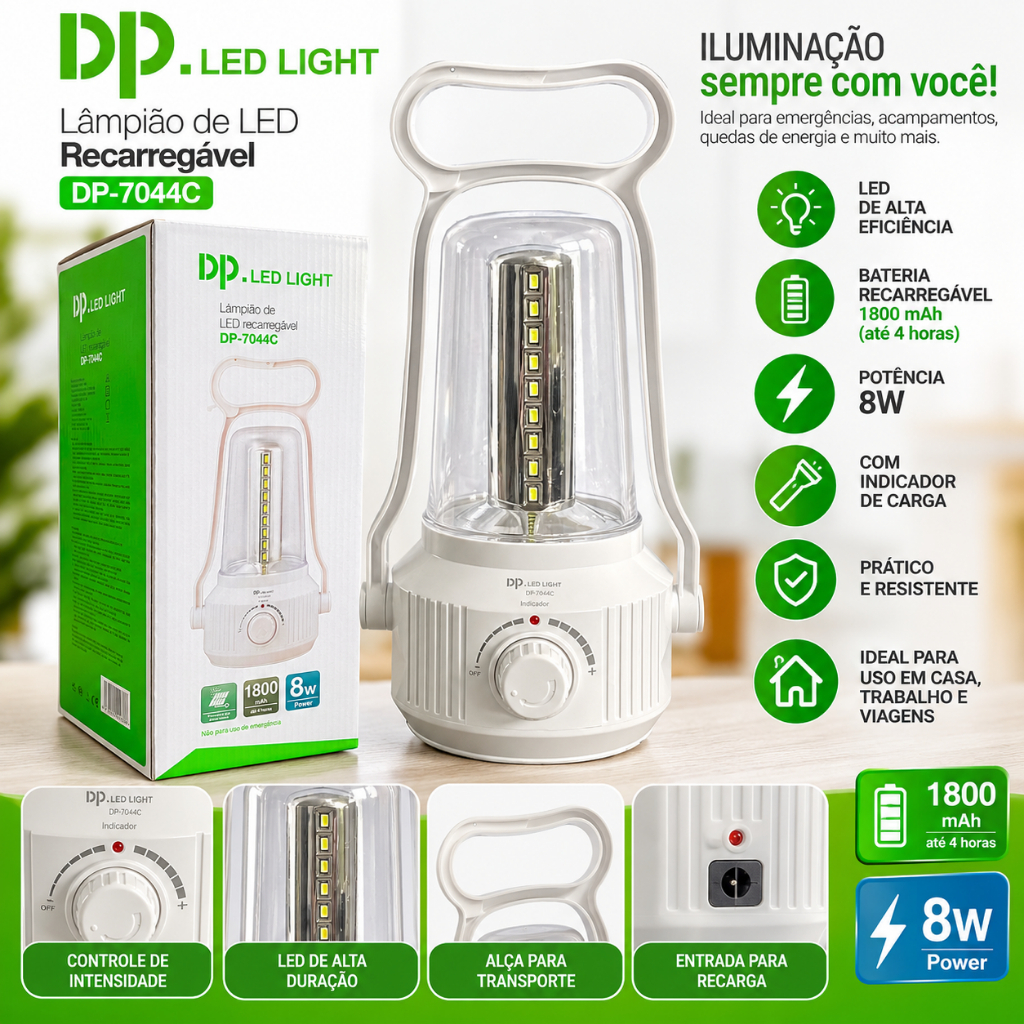 Lampião Led Recarregável Potente 45 Leds 8w Iluminação DP7044C