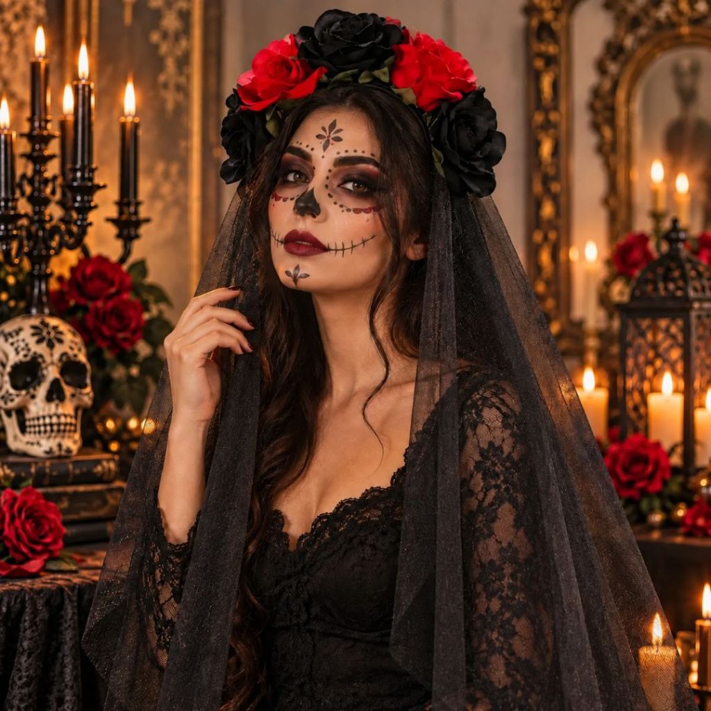 Tiara Caveira Mexicana Flor Véu Fantasia Decoração Halloween Carnaval