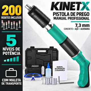 Pistola de Prego Manual Profissional KINETX 7.3mm para Concreto Aço e Alvenaria Kit com 50 / 100 / 200 Rebites