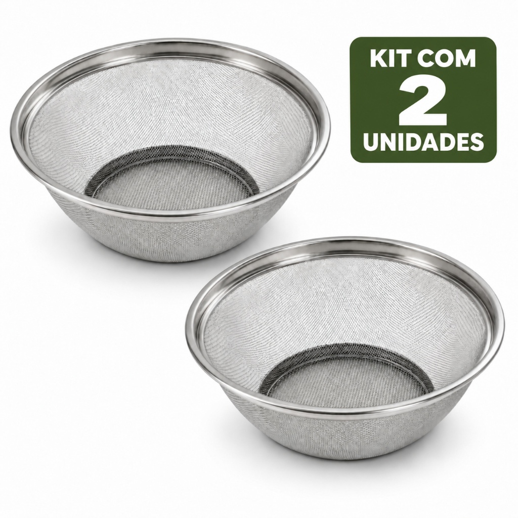 Escorredor de Salada Aço Inox 25cm Malha Fina Cesta para Frutas Legumes Massas Cozinha- Kit com 2 unidades