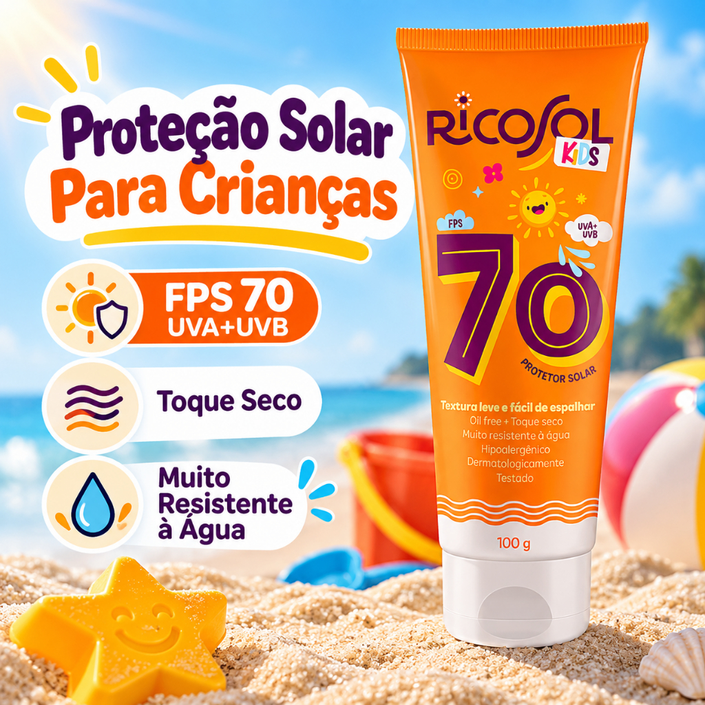 Protetor Solar Infantil Ricosol Kids FPS 70 Muito Resistente a Água100g