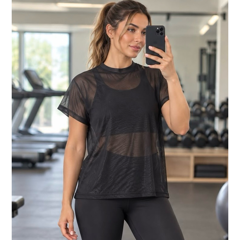 Blusa Tule Feminina Transparente Manga Curta Academia Fitness Treino Esportiva Sobreposição Top