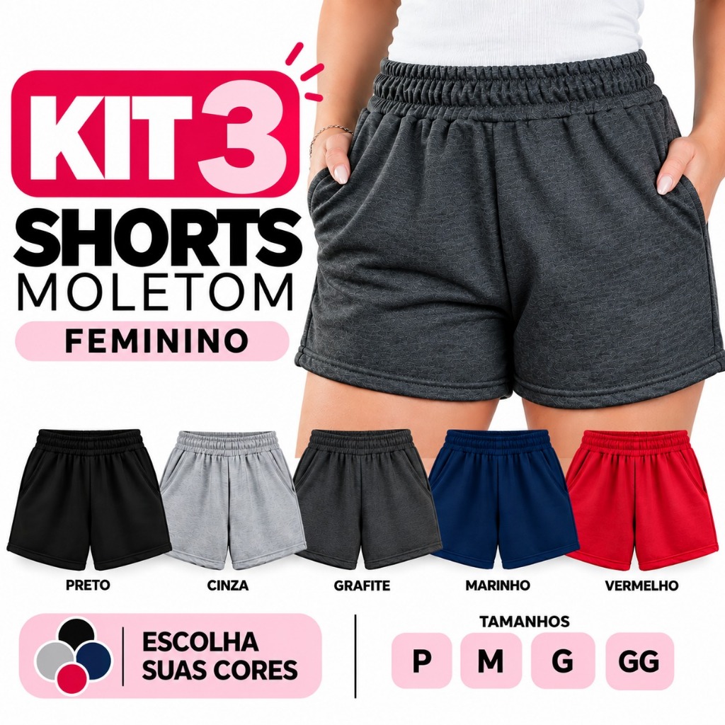 Kit 3 Shorts Moletom Feminino Soltinho Com Bolso P ao GG