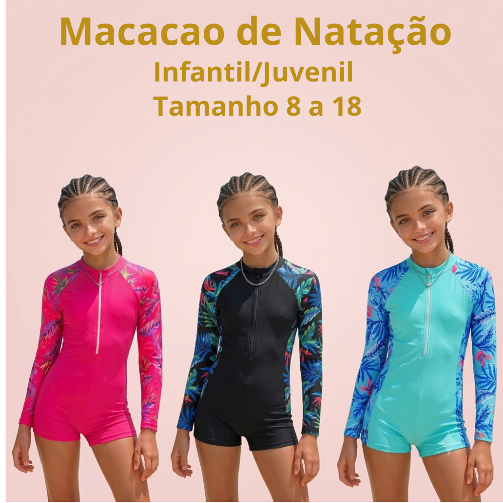 Macacão de Natação Infantil/Juvenil Manga Longa Proteção UV 50 Maiô Forrado Zíper e Bojo Removível