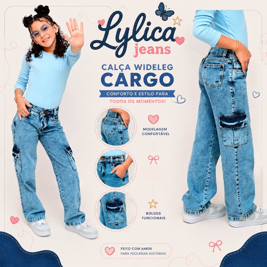 Calça Jeans Infantil Feminina WideLeg Cargo Azul Marmorizada Juvenil 8 a 16 Anos Exclusivo Alto Padrão