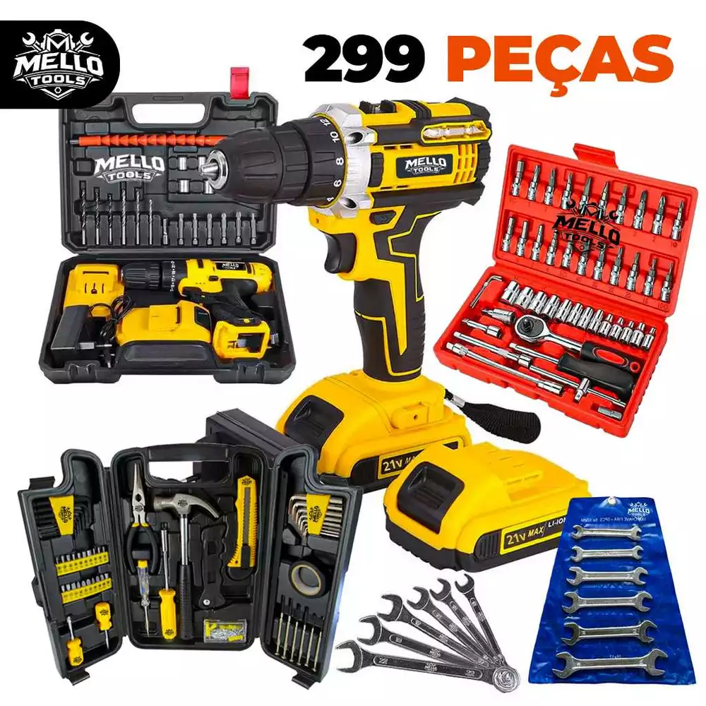 Kit de Ferramentas 299 Peças com Parafusadeira/Furadeira 48V Sem Fio + Jogo de Soquete 46 e Jogo de chave Fixa 6 Peças