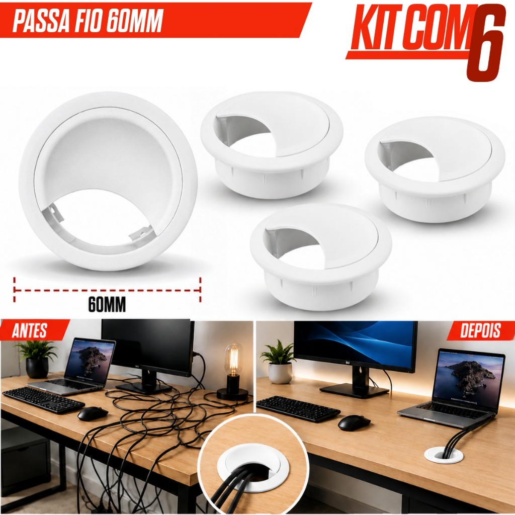 Kit 6 Unidade Passa Fio Cabo Branco 60mm Acabamento Mesa Escritorio Computador de Alta Qualidade