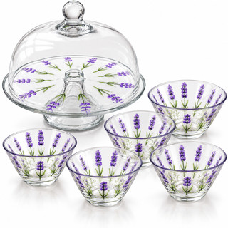 Kit Boleira de Vidro com Tampa Jogo 6 Bowls Lavanda Lyor Sobremesa Frutas
