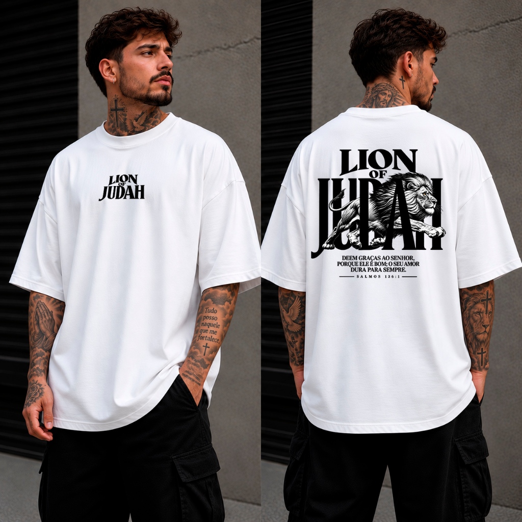 Camiseta Masculina Oversized Cristã Leão de Judá Salmos Masculina Fé Jesus Streetwear Religiosa