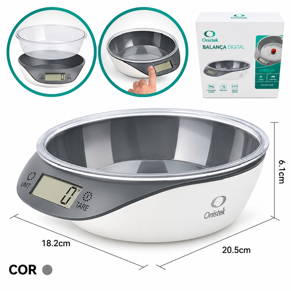 Balança Digital de Cozinha 5kg Precisão 1g com Tigela Removível Função Tara Display LCD Onistek