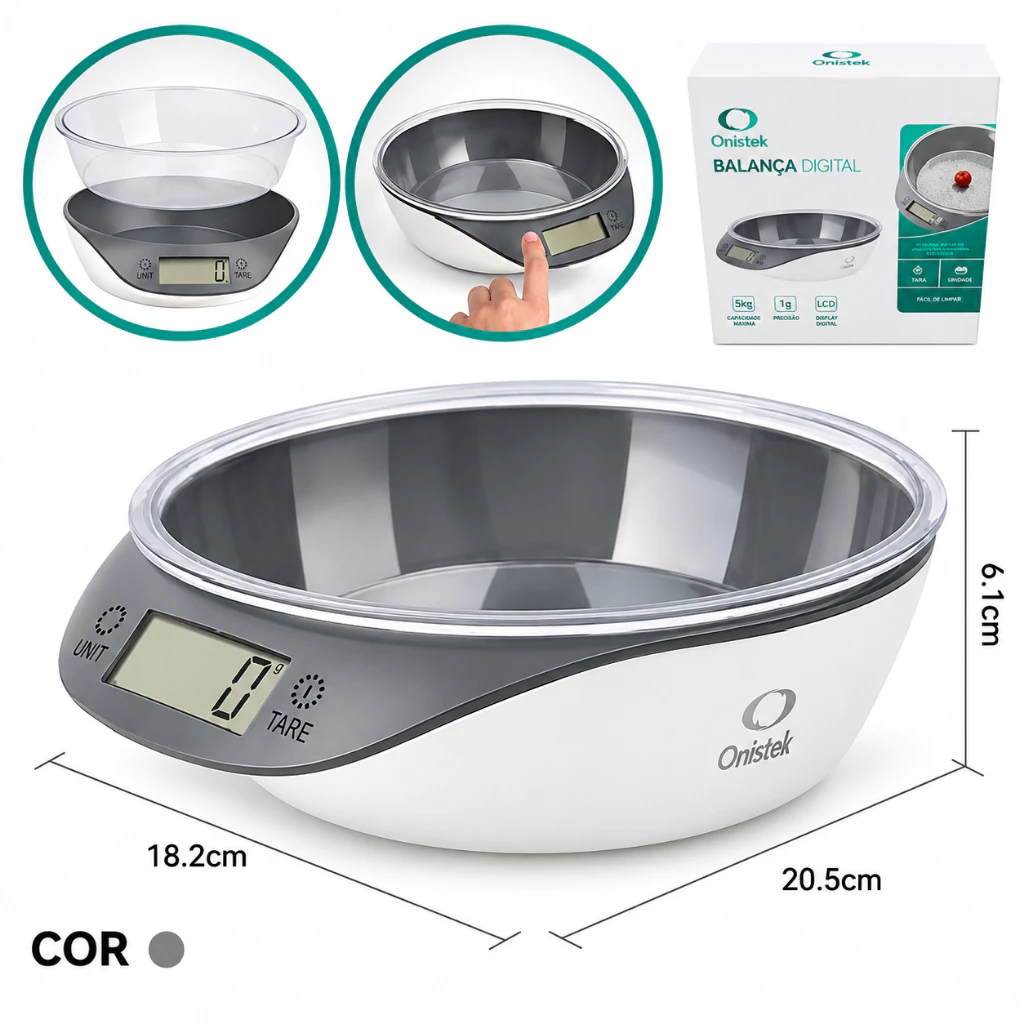 Balança Digital de Cozinha 5kg Precisão 1g com Tigela Removível Função Tara Display LCD Onistek — imagem 1