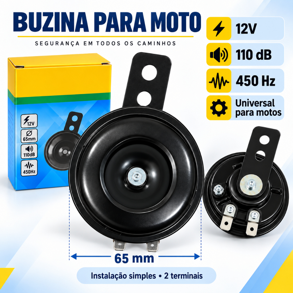 Buzina De Moto Universal 12V 110dB Som Forte 65mm 2 Fios Plug Play